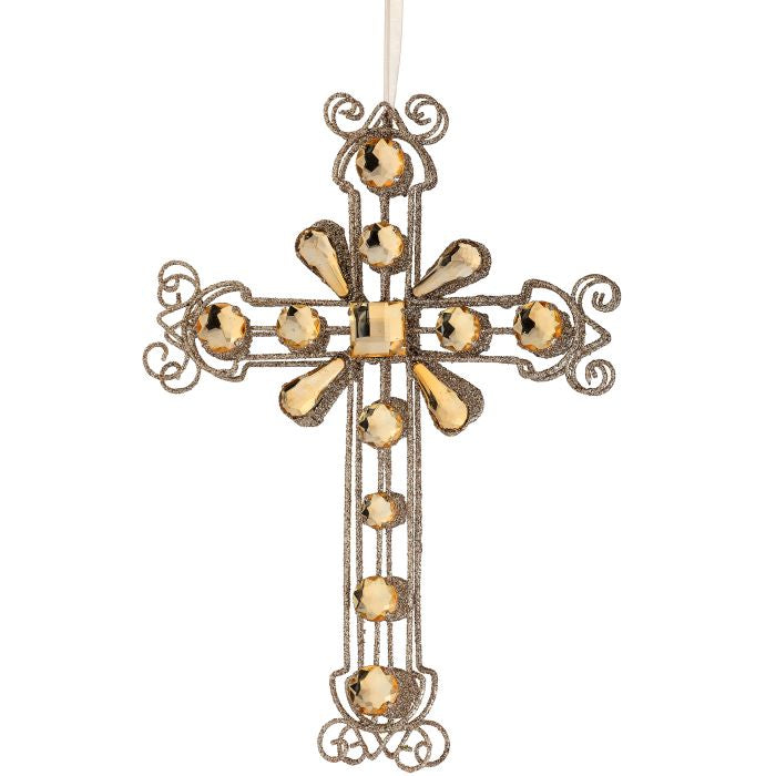 12" Champagne Jeweled Cross Ornament Set Of 2