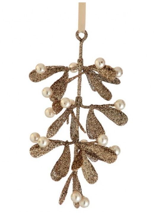 7" Champagne Pearl Mistletoe Ornament Set Of 6