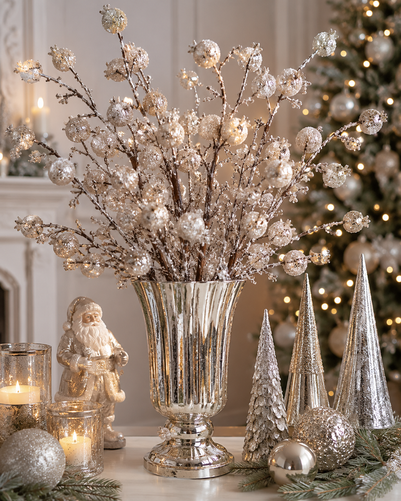 20" Platinum Metallic Beaded Crown Berry Spray Set Of 6