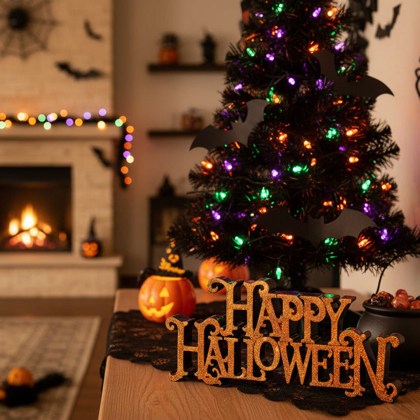 Letrero naranja con purpurina de 10" "Happy Halloween"