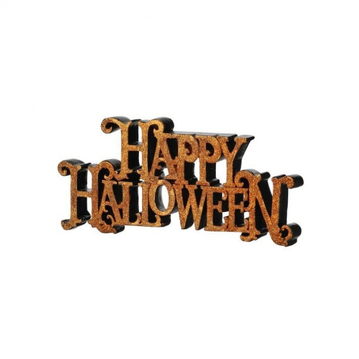 Letrero naranja con purpurina de 10" "Happy Halloween"