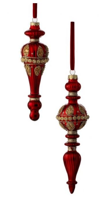 7"- 8" Red Gold Jeweled Finial Assorted Ornament Set Of 2