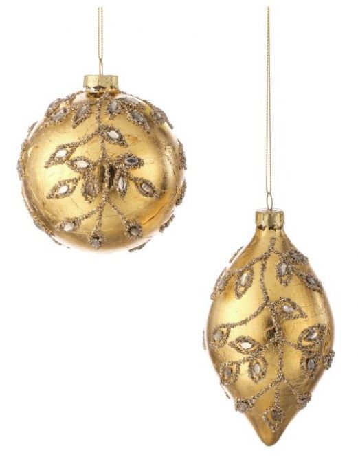 4"6" Gold Ball Finial Assorted Ornament Set Of 2