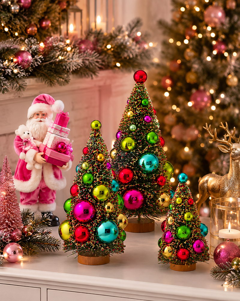 8"- 12" Multi Color Retro Sisel Ornament Tree Set Of 3