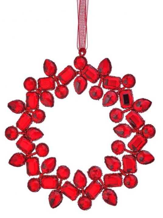 5" Red Jewel Wreath Ornament Set Of 6
