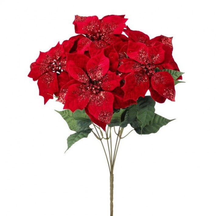 18" Red Glitter Poinsettia Bush X5 Set Of 2