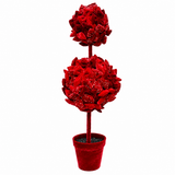 4 FT Red Velvet Sequin Bow Double Ball Topiary Potted Tree