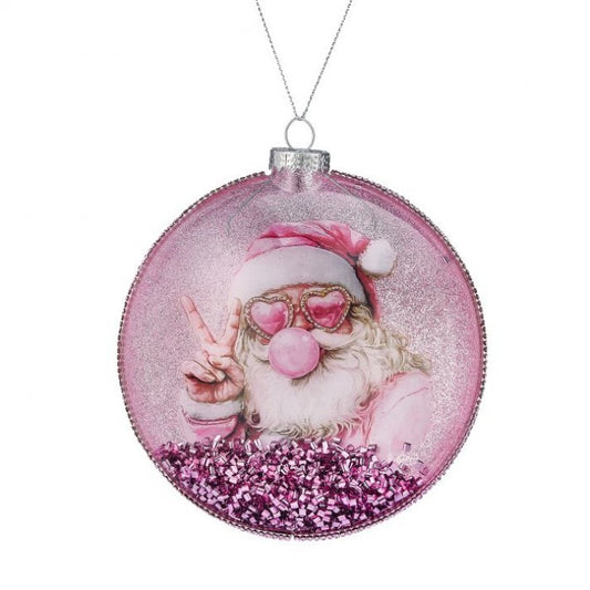 5'' Pink Santa With Bubblegum Glass Disc Ornament Set Of 6