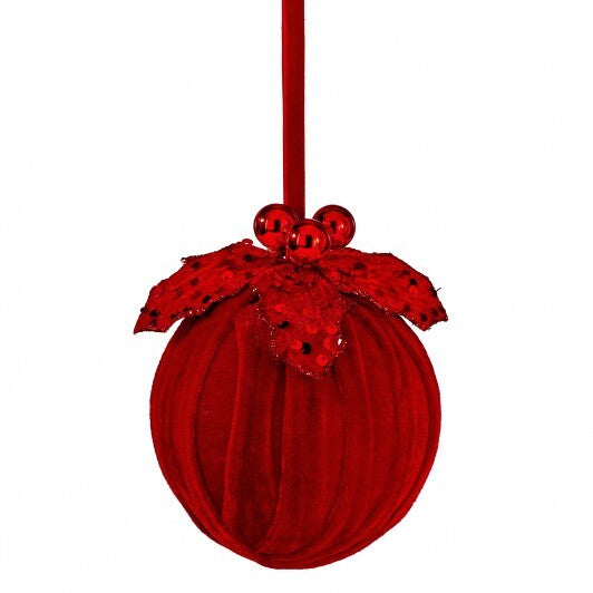 5" Red Velvet Holly Sequin Ball Ornament Set Of 6