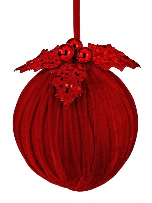 8" Red Velvet Holly Sequin Ball Ornament Set Of 2