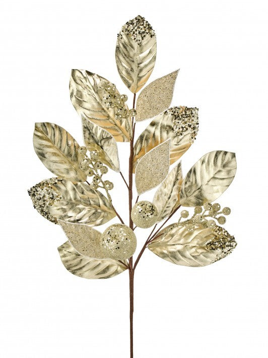 31" Champagne & Gold Glitter Beaded Fruited Magnolia Spray Set Of 6