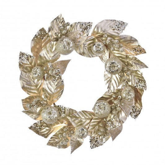 24" Champagne & Gold Glitter Beaded Fruited Magnolia Wreath
