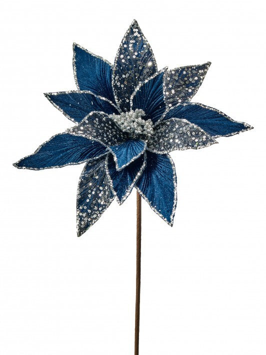 21" Midnight Blue Velvet Poinsettia Sequin Stem Set Of 6