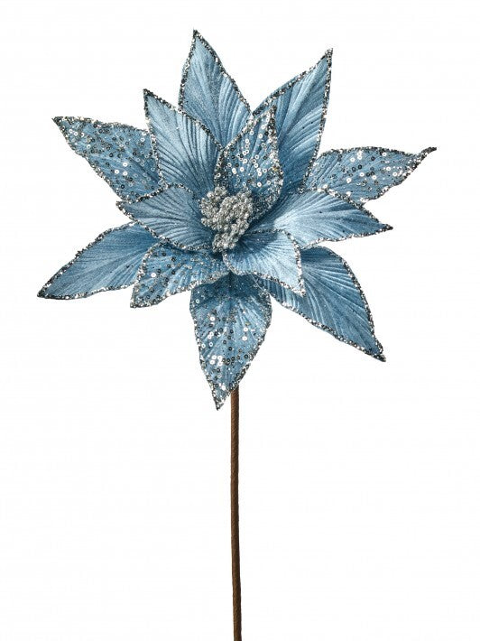 21" Slate Blue Velvet Poinsettia Sequin Stem Set Of 12
