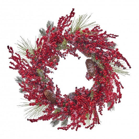 26" Frosted Wreath With Red Berries & Pinecones