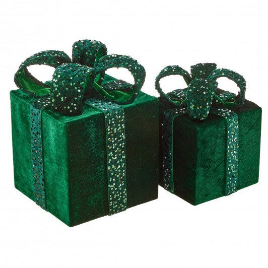 Set de 2 cajas de regalo de lentejuelas de terciopelo verde de 12" a 16"