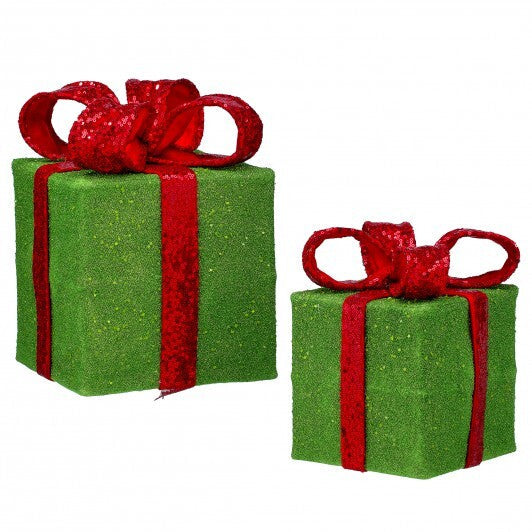 9"- 12" Green & Red Gift Boxes With Glitter & Sequins Set Of 2