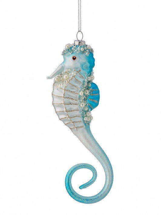 7.5" Aqua Jewel & Pearl Seahorse Glass Ornament Set Of 6