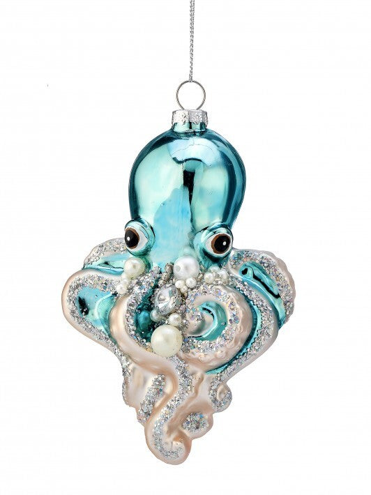 5.5" Aqua Pearl Glitter Octopus Glass Ornament Set Of 6