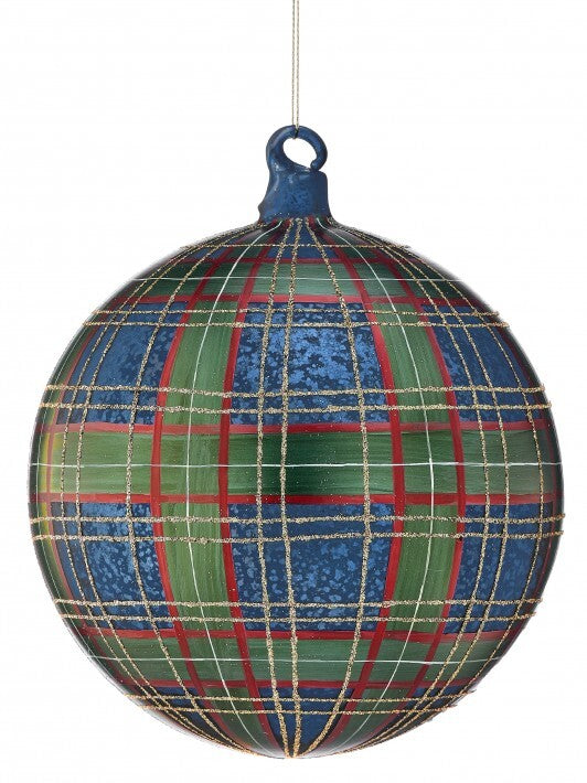 6" Blue Gentlemen Plaid Glass Ornament Set Of 2