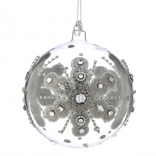 6" Silver Jewel Glitter Snowflake Ball Glass Ornament Set Of 2