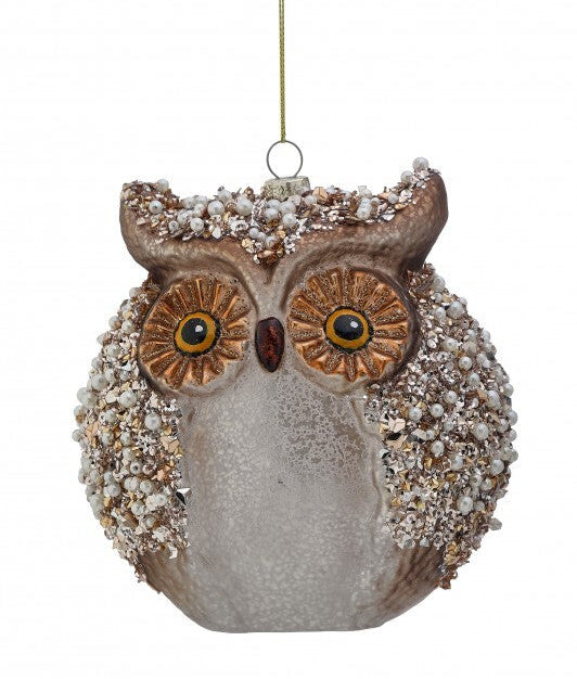 6" Brown Jeweled Owl Glass Ornament Set Of 2