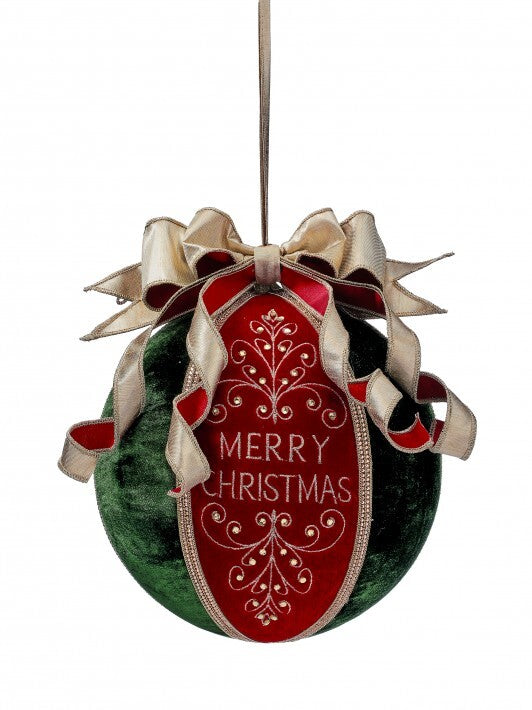 Adorno de bola de terciopelo rojo y verde de 10" "Feliz Navidad" con lazo