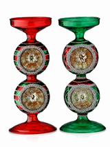 10" Red & Green Glass Candleholders Set Of 2