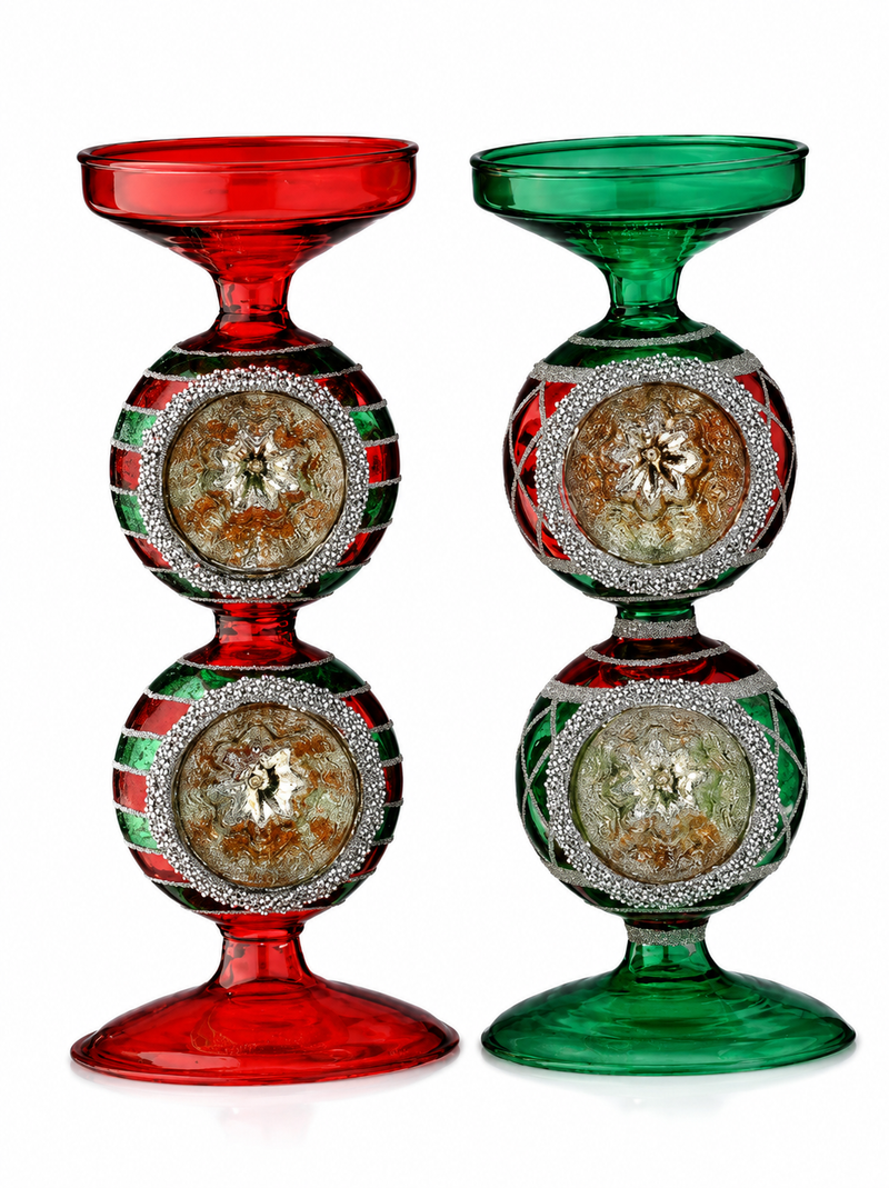 10" Red & Green Glass Candleholders Set Of 2