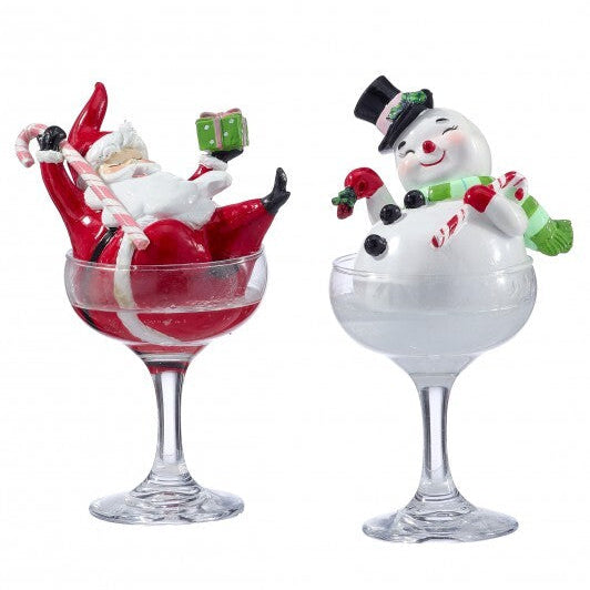 7.5" Santa & Snowman In Champagne Glass Set Of 2