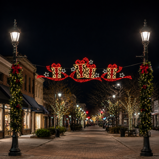 18 FT X 5 FT Warm White LED Gift Box Banner With Red Bow