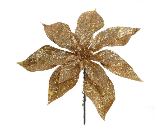 Gold glittery poinsettia flower decoration on a white background