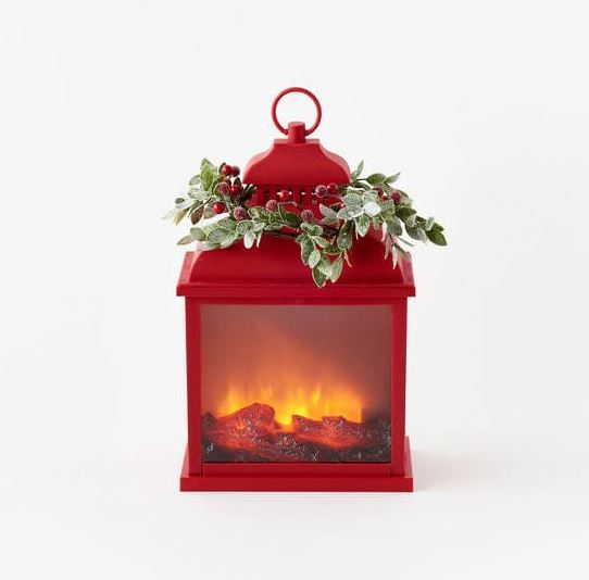15" Red Fire Light Lantern With Berry Wreath Battery Operated