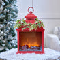 15" Red Fire Light Lantern With Berry Wreath Battery Operated