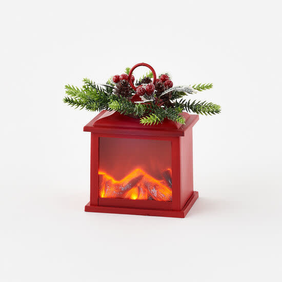5.5" Red Fire Light Lantern With Berry Wreath Battery Operated