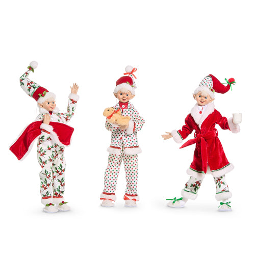 16" Pajama Party Poseable Elves Assorted Set Of 3