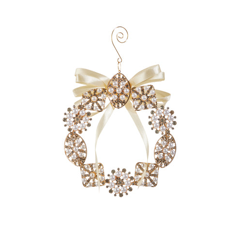 6" Pearl Gold Wreath With Bow Ornament Set Of 2