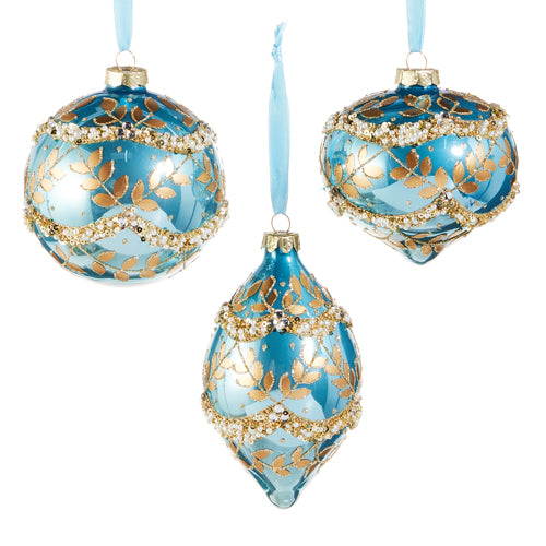 4" Gold Leaf Wrapped Blue Iridescent Ornament Assorted Set Of 3