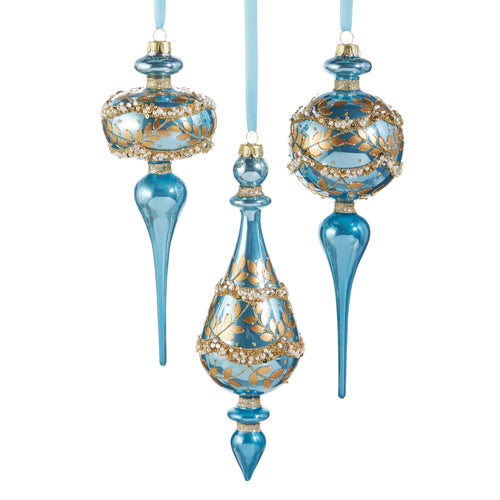 10" Gold Leaf Wrapped Blue Iridescent Finial Ornament Assorted Set Of 3