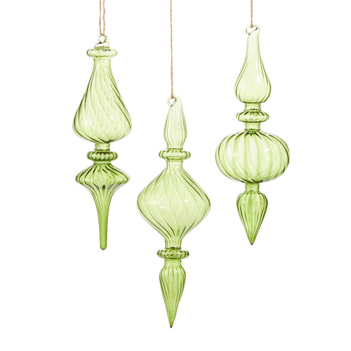 10" Green Iridescent Finial Ornament Assorted Set Of 3