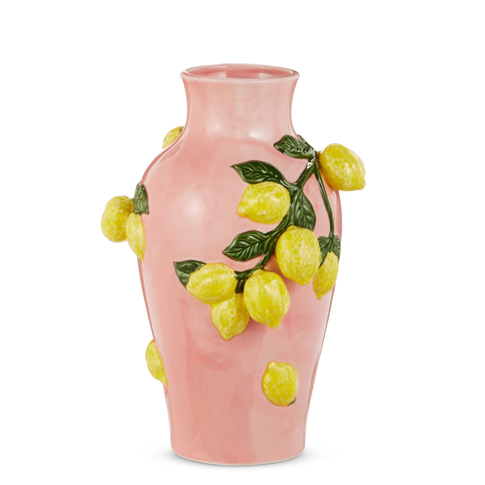 13" Pink Tall Vase With Lemons