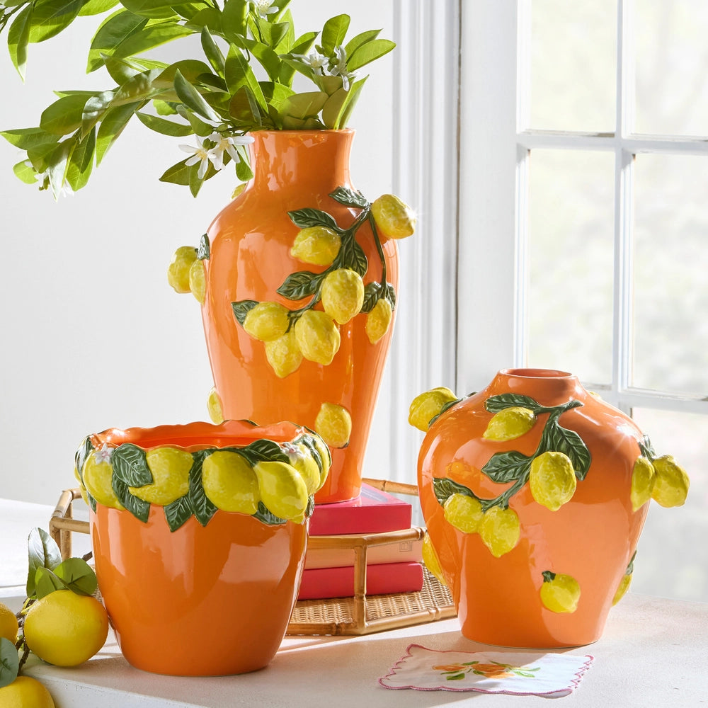 9.5" Orange Vase With Lemons