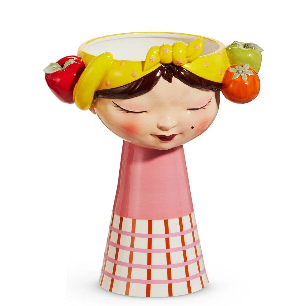 13" Girl Head Vase With Fruit