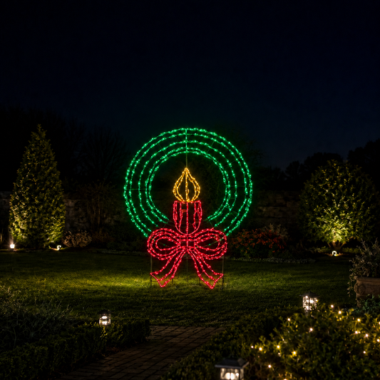 Guirnalda de 91 X 117 cm (36" X 46") con lazo rojo y vela, 270 luces LED, efecto centelleante.