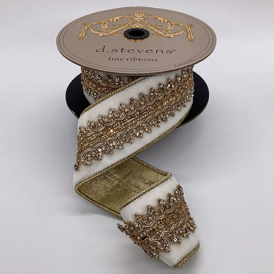 2.5" X 5YD White Velvet Yorkshire Ribbon With Gold Jewel Center