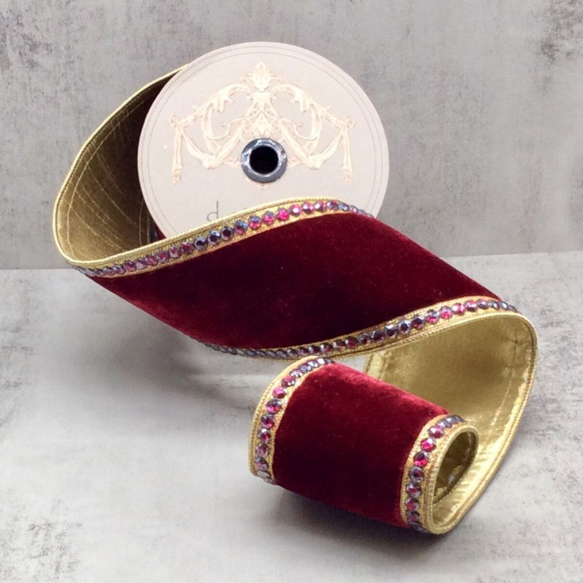 4" X 5YD Burgundy Velvet Ribbon With Jeweled Edge Trim