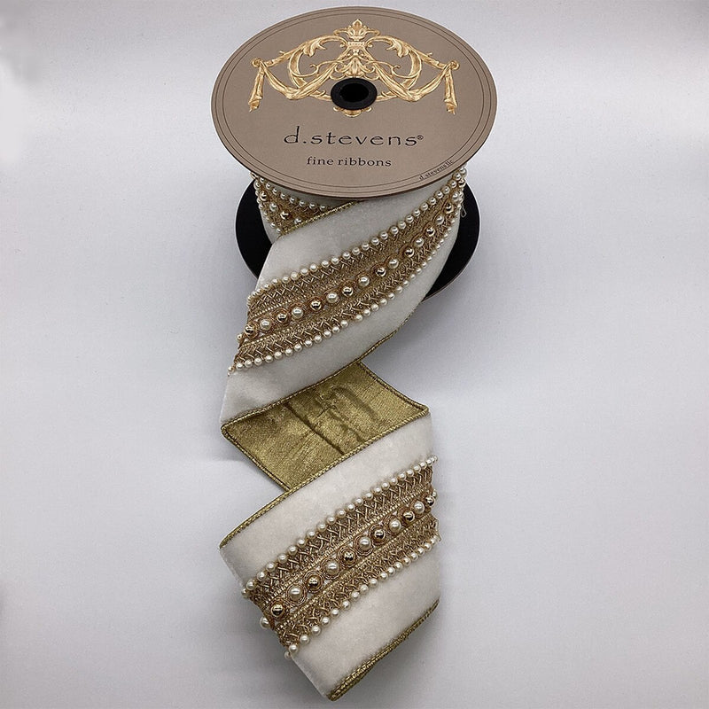 4" X 5 YD White Velvet Ribbon With Pearls