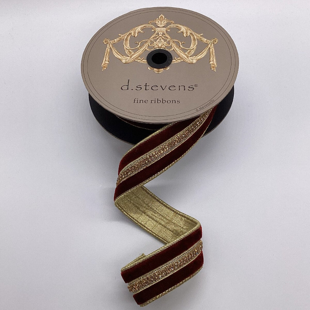 1.5" X 5YD Burgundy Velvet Gold Jewel Trim Ribbon