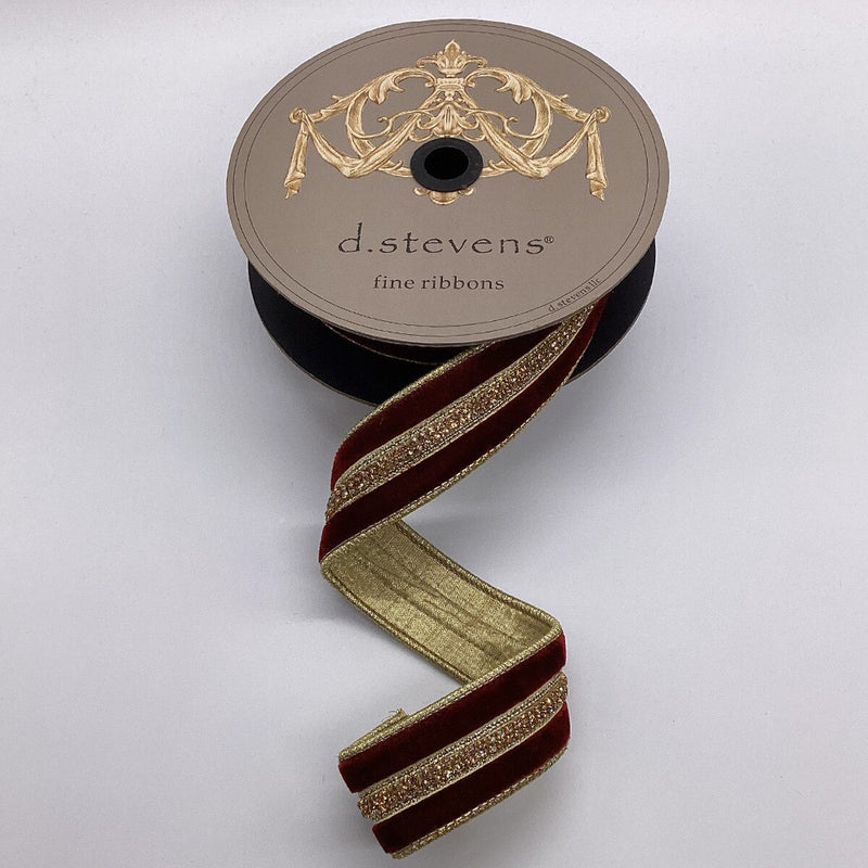 1.5" X 5YD Burgundy Velvet Ribbon With Gold Jewel Center