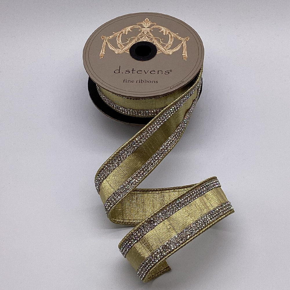 1.5" X 5YD Gold Metallic Dupion Crystal Jewel Stripe Ribbon